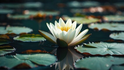 Lotus flower admired against a dark blue water surface in a public garden.