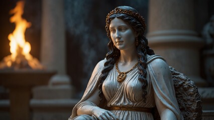 A statue of Hestia, goddess of the hearth, sitting before the eternal flame with serene gaze