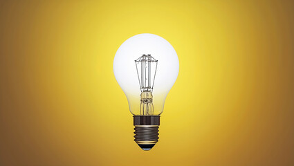 Bright light bulb shining on a yellow background symbolizing ideas and innovation