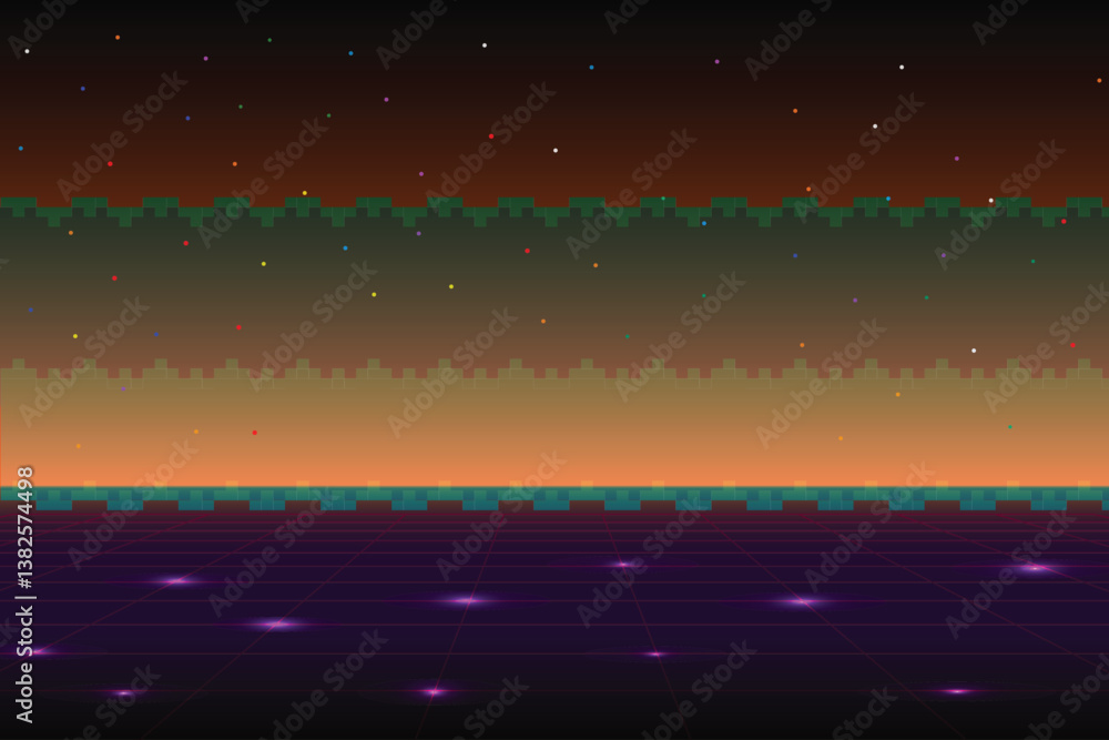 Poster retro cyberpunk style 80s game scene pixel art 8-bit sci-fi background. glowing neon grid and stars 