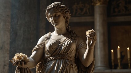 A statue of Hygieia, goddess of cleanliness, pouring water and petals from her hand in radiant light