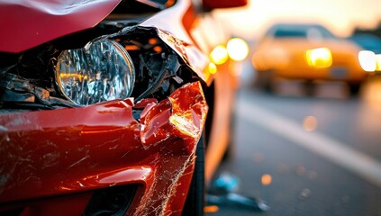 Severely damaged red car after a collision, showing extensive front-end damage to the bumper and headlight