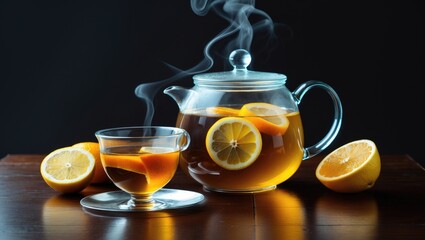 Citrus tea with lemon and oranges in a contemporary glass teapot on a dark wooden surface, with ample copy space. Fruit tea. Seasonal warm beverage.