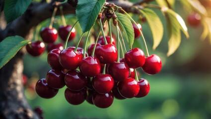 Obraz premium Cluster of mature cherries on a tree