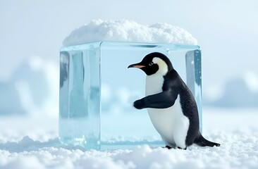 Obraz premium A large ice cube is offered by the penguin.