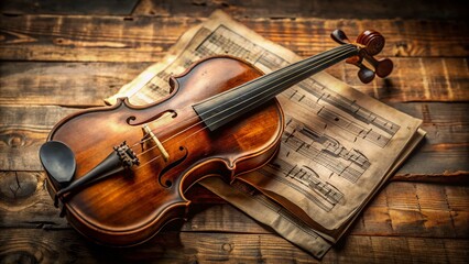 Naklejka premium Antique Violin Resting on Vintage Sheet Music - Classical Music Instrument Stock Photo