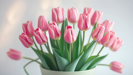 Fototapeta premium Fresh Pink tulips. A spring flower bouquet on a white backdrop.