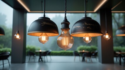 Close-up of vintage industrial-style hanging lights with illuminated bulbs, creating a cozy atmosphere in a contemporary interior.