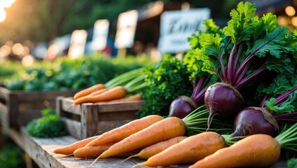 Fresh harvested vegetables at outdoor farmer's market. Organic produce from local farm including carrots and beets. A farmer selling recently collected crops.