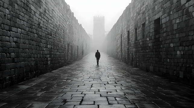 Fototapeta Solitary Figure Walking Through Foggy Stone Street