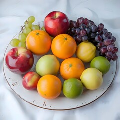 Vibrant Plate of Fresh Fruits on White Background – Glossy Apples, Oranges, Lemons, Limes, and Grapes Creating a Colorful and Realistic Composition