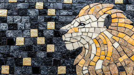 Majestic Lion Mosaic: Gold and Black Stone Tile Artwork