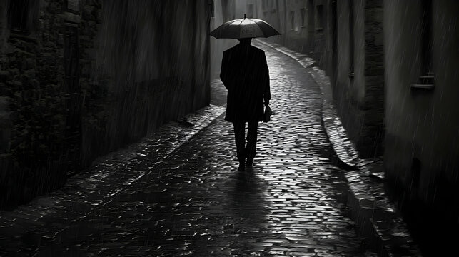 Fototapeta Solitary Figure Walking Under Umbrella in Rainy Cobblestone Alley