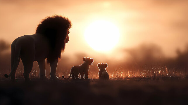 Majestic Lion and Cubs Silhouetted Against a Vibrant African Sunset