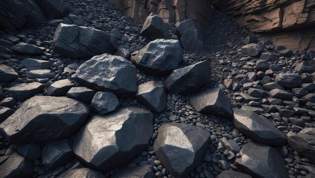 Close-up view of iron ore. Rough stones. Pieces of ferrotitanium in close proximity. Detailed look at the iron rocks.