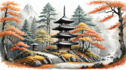Autumn landscape with traditional Japanese pagoda and vibrant foliage, serene nature artwork