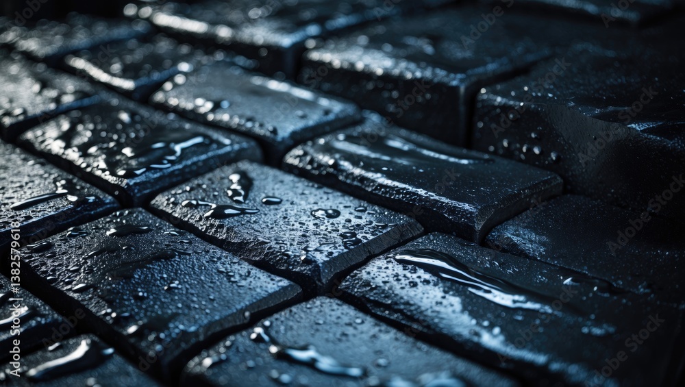 Poster close-up view of shimmering black bricks, highlighting their wet texture and reflective surface in a