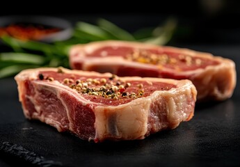 Two juicy seasoned lamb chops, ready for grilling, seasoned with herbs and spices, sit on a dark stone surface