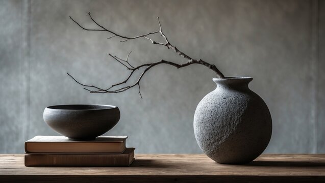 Elegant arrangement of a cozy living room interior featuring a console, a bowl, books, a stylish vase with a branch, an armchair, wall decorations, and personal accessories. Home decor.