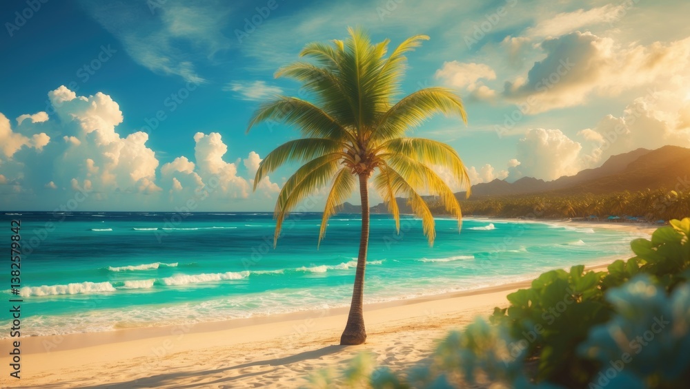 Poster palm tree. summer background with beach and ocean waves. resort vacation travel tourism relaxation h