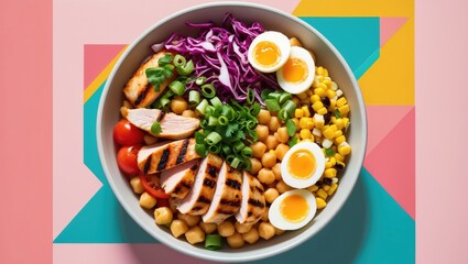 Poke bowl featuring fresh plants against a colorful abstract background. Concept of delicious balanced food. Dish includes chicken fillet, tomato, red cabbage, chickpea, and eggs. Collage banner de...