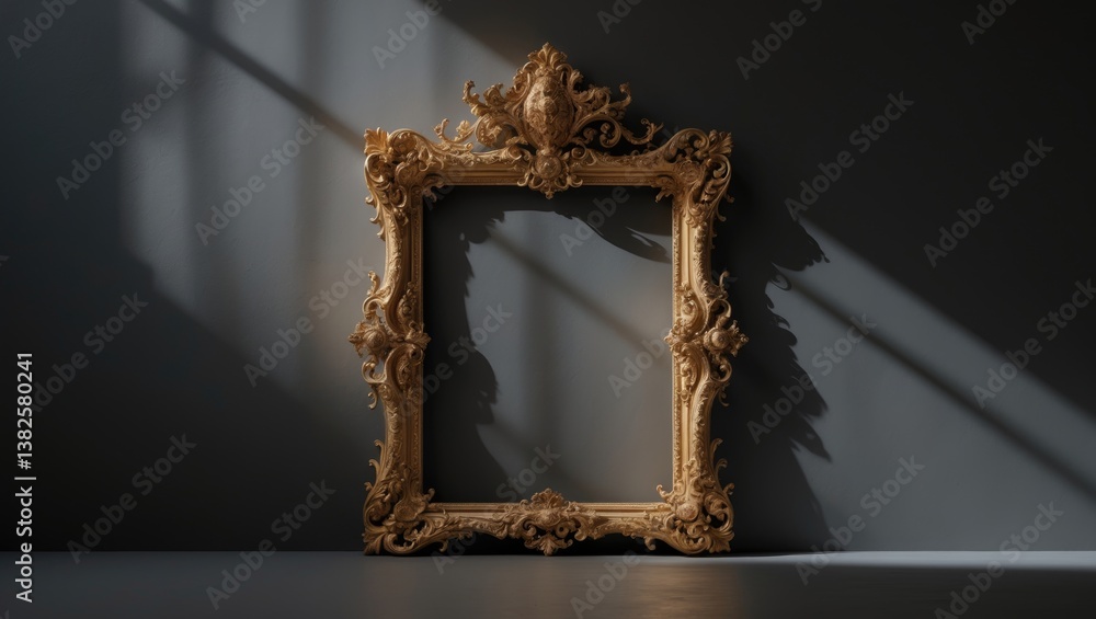 Poster ornate, ancient, gold-plated empty picture frame designed for displaying images.