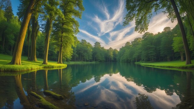 Full seamless HDR 360-degree panorama view from a high riverbank near a forest on a windy day, framed by trees in equirectangular spherical projection.