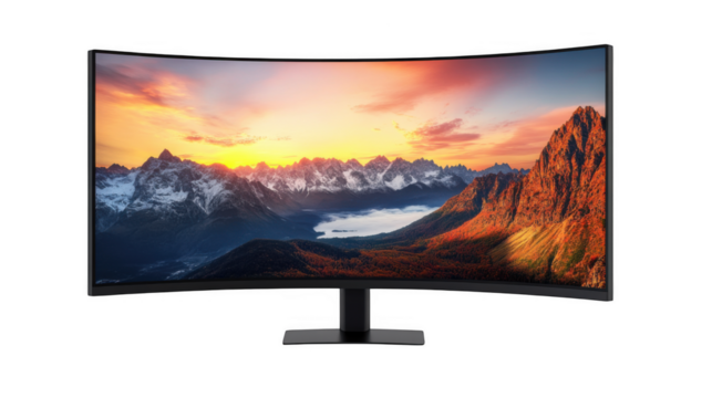 A curved monitor displaying a mountain range landscape against a sunset sky on a black background