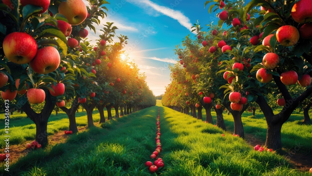 Aufkleber Orchard featuring red ripe apples on branches. Two lines of trees laden with fruit observed under a blue sky almost ready for harvesting. Morning capture.