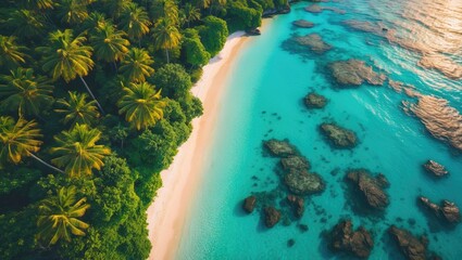 Obraz premium coastline of a nature reserve, viewed from above, featuring a balanced composition of clear turquoise sea water on the upper section and lush green trees on the lower section.
