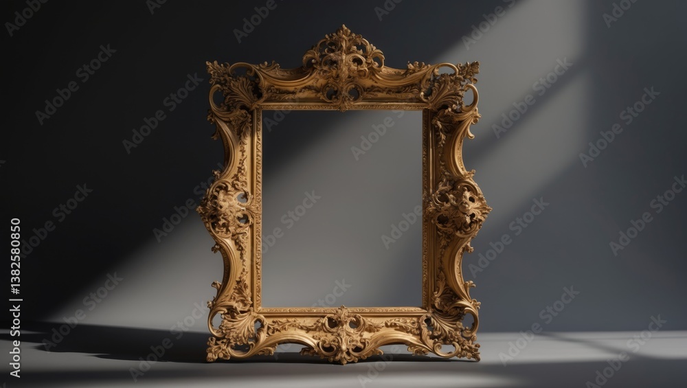 Poster ornate, ancient, gold-plated empty picture frame designed for displaying images.