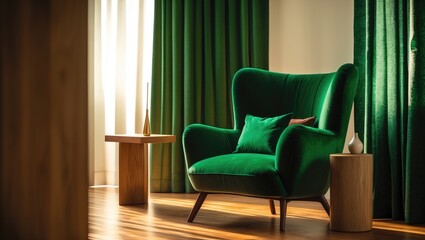 Close-up of a vibrant green reading area in a living room featuring a gray pillow on a velvet armchair beside a round wooden coffee table.