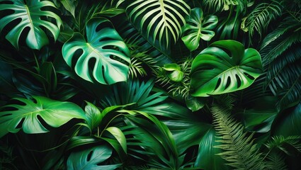 Fototapeta premium Close-up view of nature featuring a green leaf with palms in the background. Flat lay, concept of dark nature.