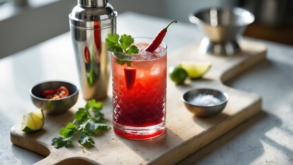 Cocktail presented with shaker and strainer on a light kitchen board alongside hot red pepper.