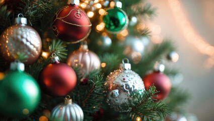 Fototapeta premium Close-up view of a decorative Christmas tree adorned with ornaments.