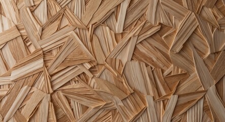OSB board, displaying a textured pattern of overlapping wood fibers and a light brown hue.