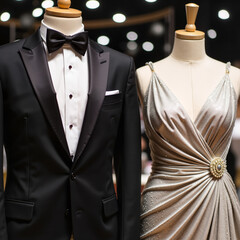 Elegant tuxedo and evening gown display in a fashion boutique  