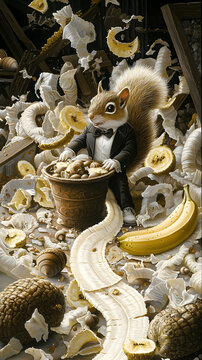 Naklejki Squirrel in Tuxedo with Bananas and Nuts