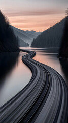 Serene Sunset Over Winding River Road in Mountain Valley