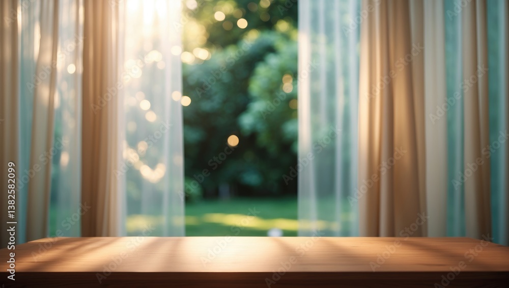 Poster selective focus on an empty wood table surface against a backdrop of blurred curtains and abstract g