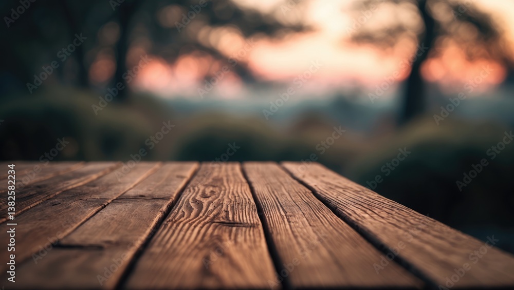 Poster old wooden table on natural background in light, backdrop for montage or product display