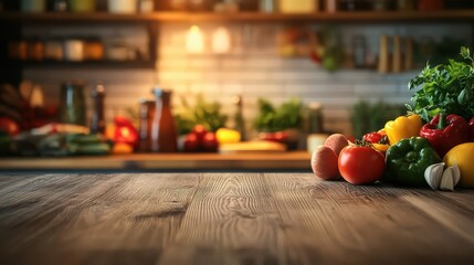 Wooden table on blurred kitchen bench background. food ingredient on wooden table and blurred kitchen background .
