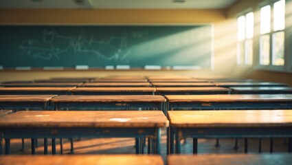 Classroom in blurry background without young student; Blurred perspective of classroom with no children or teacher, featuring chairs and desks.