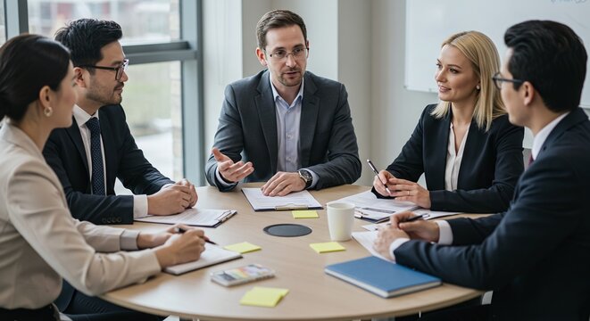 Business Meeting with Diverse Team Collaborating at Round Table Discussion
