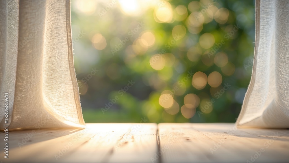Poster selective focus. wooden tabletop without items in front of a blurred curtain and window, with greene