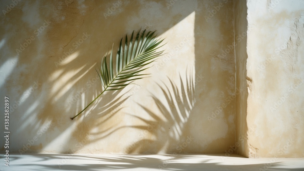 Poster natural palm leaf shadow on a light sandy-colored background, a banner with space for text. summer m