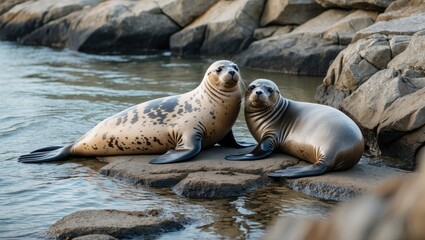 Fototapeta premium Seals relaxing on the rocks during our journey along the river.