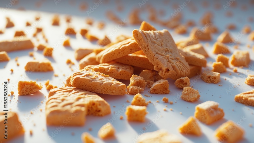Poster scattered pieces of butter cookies isolated on a white background. close-up view of brown biscuits. 
