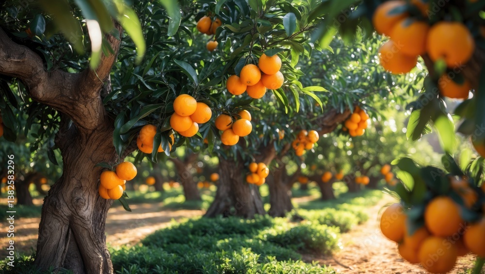 Poster orange orchard with ripe oranges on branches. beautiful orange trees in a garden. fruit trees filled