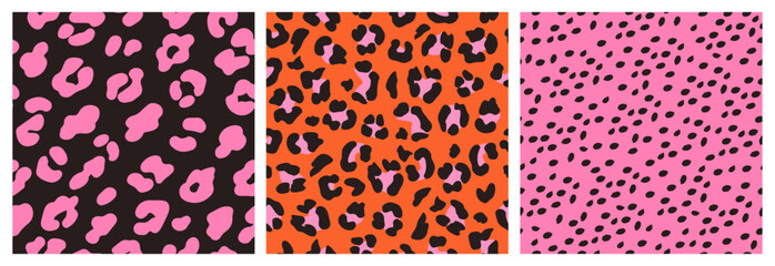 Set of Abstract leopard skin seamless patterns. Animal print vibrant color design. Geometric folklore ornament for background, textile, fabric, packaging, poster, wallpaper. Vector illustration.